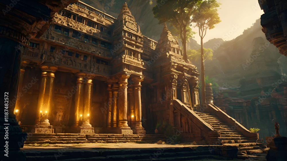 Opulent ancient Temple of lost Lemuria civilization bathed in golden sun light. culture concept. Ai generated