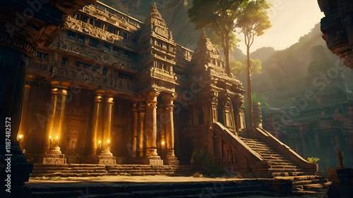 Obraz na płótnie Opulent ancient Temple of lost Lemuria civilization bathed in golden sun light. culture concept. Ai generated w salonie