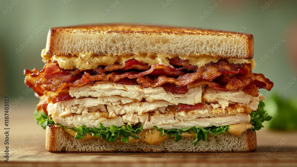 A close-up of a bacon and chicken sandwich. A close-up of a bacon and chicken sandwich.