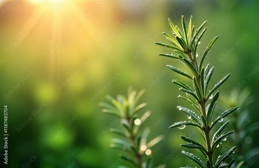 Close-up view of fresh rosemary sprigs. Dew drops glisten on vibrant green leaves. Soft green background. Natural sprig detail. Aromatic herb. Rich garden plants. Outdoor plant in morning light. Close-up view of fresh rosemary sprigs. Dew drops glisten on vibrant green leaves. Soft green background. Natural sprig detail. Aromatic herb. Rich garden plants. Outdoor plant in morning light.