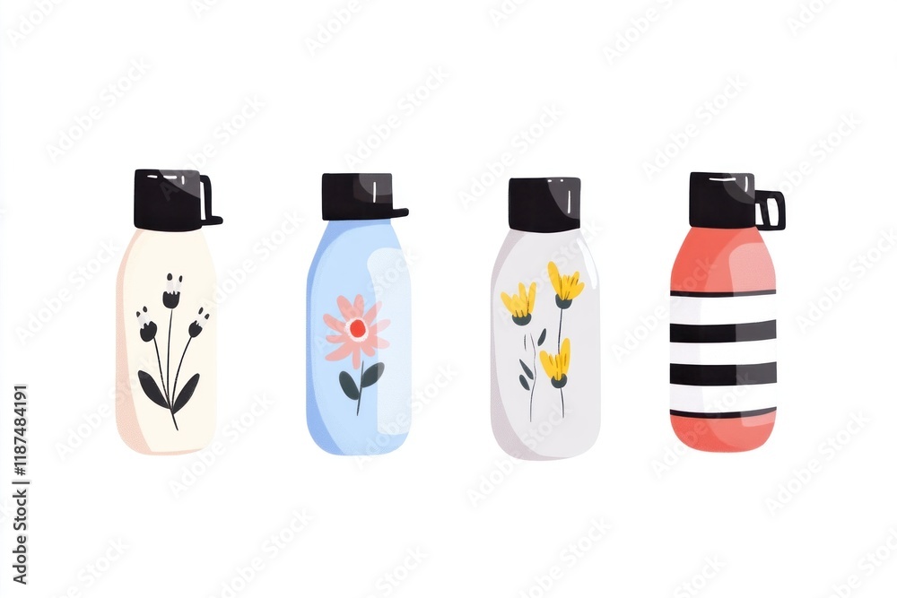 A variety of reusable bottles display creative designs with flowers, stripes, and vibrant colors A variety of reusable bottles display creative designs with flowers, stripes, and vibrant colors