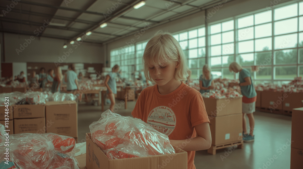 Boy focused on sorting donations in a large warehouse Boy focused on sorting donations in a large warehouse