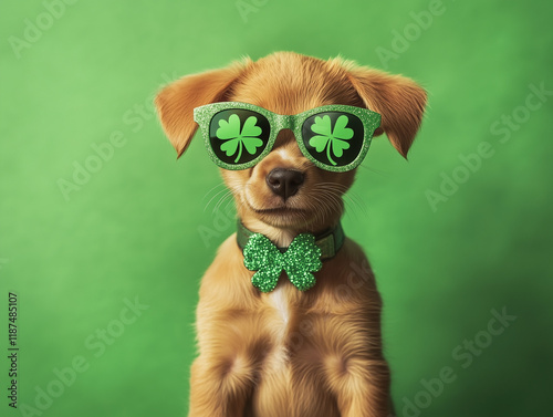 Cute puppy wearing shamrock sunglasses. St. Patrick's Day theme concept. St. Patrick's Day on green background, Irish holiday photo