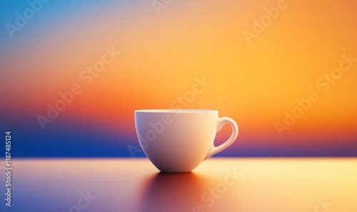 Coffee in a delicate white cup against an orange and blue gradient background, beverage, subtle, minimalistic