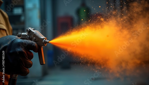Industrial worker sprays vibrant orange powder coating onto metallic object. Powder particles float in air forming dynamic spray patterns in workshop setting. Manufacturing process innovative