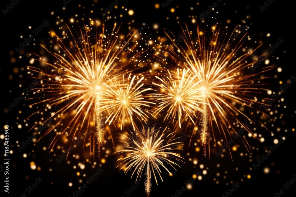 Naklejka premium Happy New Year 2022. Festive Gold Fireworks Collage in Night Sky. Celebrate the New Year with Text and Fireworks Display