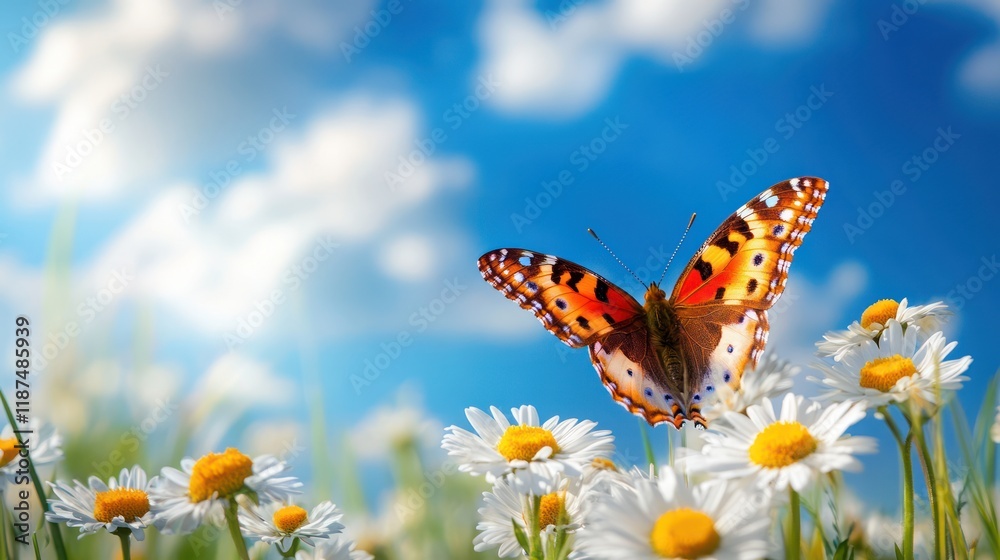 Colorful butterfly on daisies in sunny meadow. Colorful butterfly on daisies in sunny meadow.