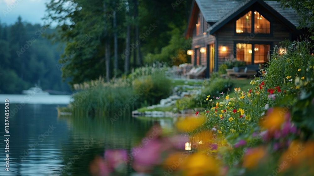 Fototapeta premium A house resting by a lake's edge, surrounded by vibrant flowers and a distant boat