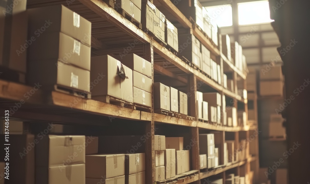 Cardboard boxes stacked high on wooden shelves in a warehouse Cardboard boxes stacked high on wooden shelves in a warehouse