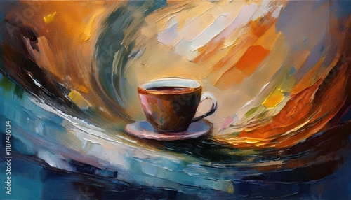 Vibrant Oil Painting Texture Showcasing a Captivating Still Life of a Coffee Cup and assorted objects, Demonstrating the Artistry of Textured Brushwork and Rich Colors. photo