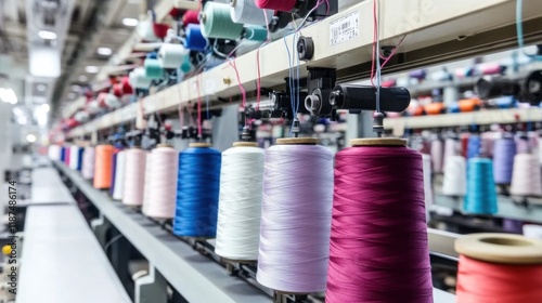 Close-up of spooling machines displaying vibrant threads in a textile factory environment