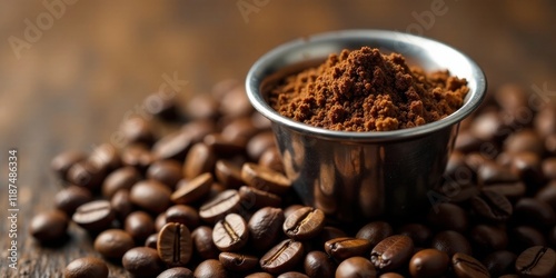 Aromatic Ground Coffee Beans and Freshly Ground Powder in a Metal Cup
