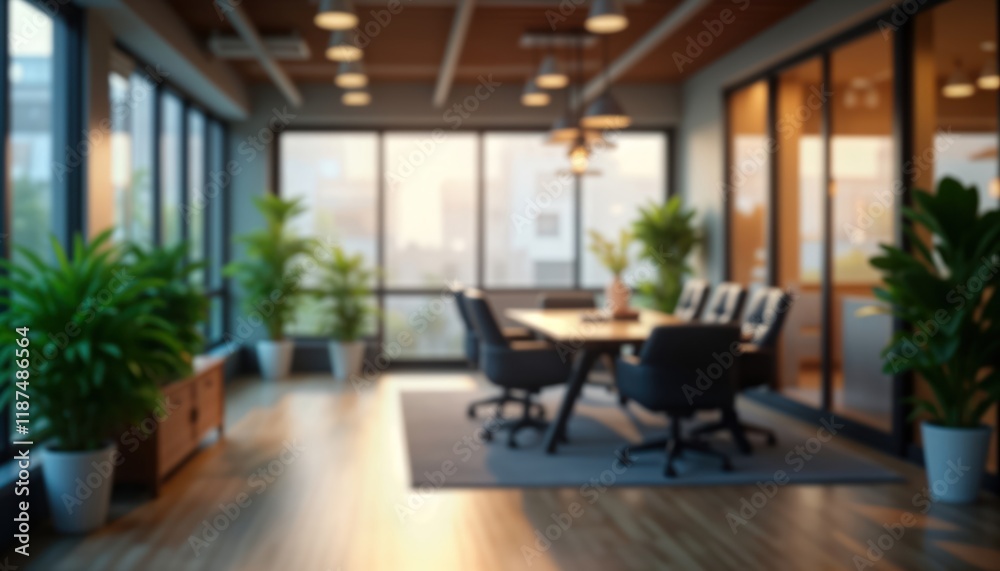 Obraz premium Modern office interior. Blurred view of meeting room. Natural light fills space. Plants add touch of life to environment. Contemporary design with wooden floors, furniture. Stylish, bright ambiance.