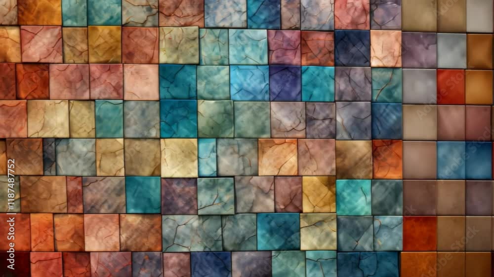 Vibrant, multi-colored stone tiles with a grungy texture, perfect for cubist-style wall art and decor backdrops, Ai Generated