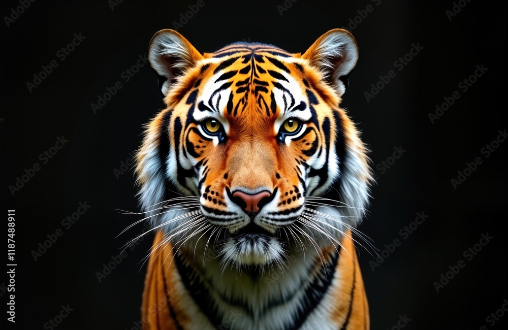 Close up portrait of Sumatran tiger. Tiger looking directly at camera. Fur orange, black with stripes. Tiger isolated against black background. Photo shows tiger face, head, beauty, power. Tiger Close up portrait of Sumatran tiger. Tiger looking directly at camera. Fur orange, black with stripes. Tiger isolated against black background. Photo shows tiger face, head, beauty, power. Tiger
