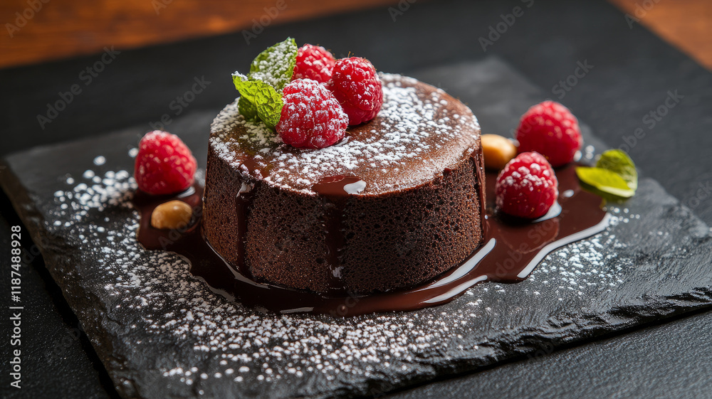 Chocolate cake with raspberries and mint on slate. Chocolate cake with raspberries and mint on slate.