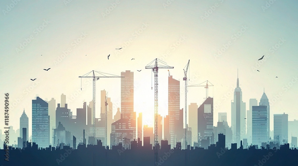 Modern City Skyline with Cranes and Buildings Under Construction Modern City Skyline with Cranes and Buildings Under Construction