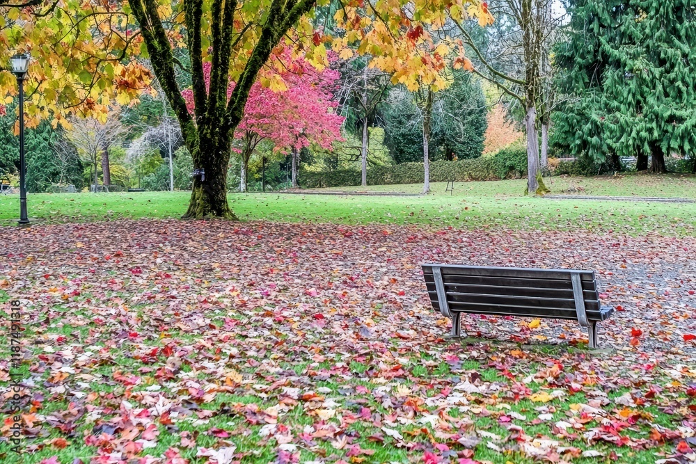 Autumn Leaves in Park: A tranquil park scene with trees in vibrant fall colors, leaves scattered on the ground, and a lone bench Autumn Leaves in Park: A tranquil park scene with trees in vibrant fall colors, leaves scattered on the ground, and a lone bench