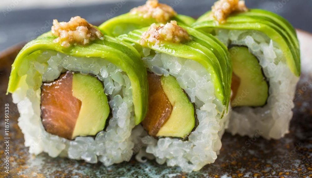 The Ocean's Embrace in a Sushi Roll with Waves of Avocado The Ocean's Embrace in a Sushi Roll with Waves of Avocado