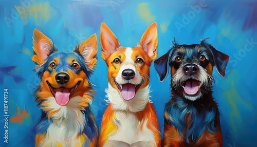 Whimsical Oil Painting of Cheerful Dogs Set Against a Vibrant Blue Backdrop, Showcasing Playful Canines Expressive Personalities and Joyful Mood. photo