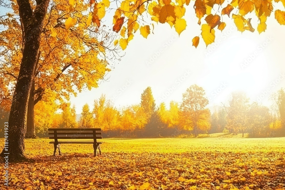Autumn Leaves in Park: A tranquil park scene with trees in vibrant fall colors, leaves scattered on the ground, and a lone bench Autumn Leaves in Park: A tranquil park scene with trees in vibrant fall colors, leaves scattered on the ground, and a lone bench