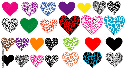 Multicolored leopard texture hearts great set collection clip art silhouette, black animal leopard love heart vector illustration on white background.