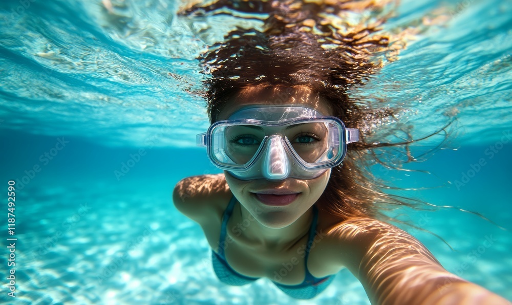 Naklejka premium Female swimmer at the swimming pool.Underwater photo.