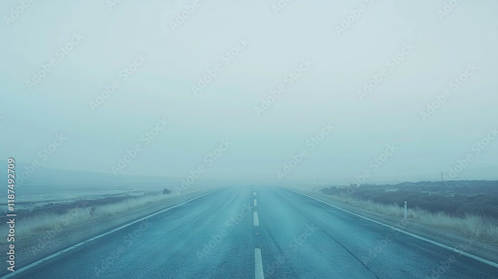 Fototapeta premium An empty road, midfield, foggy day, stop sign side