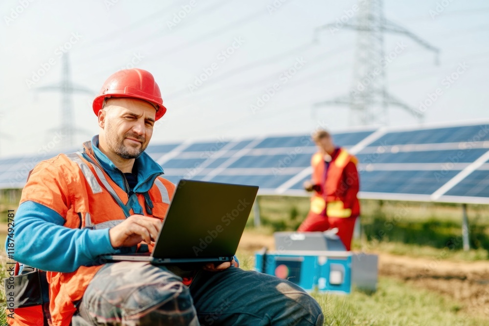 Technician analyzes energy data on laptop near solar panels with colleague in background Technician analyzes energy data on laptop near solar panels with colleague in background