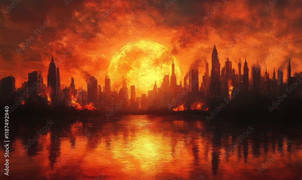 Fototapeta premium Fiery Sunset Over Burning Cityscape River Reflects Inferno