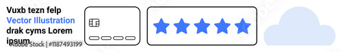 Interface with text, graphic of software layout, five-star rating system, and a blue cloud icon. Ideal for user reviews, feedback collection, service ratings, customer satisfaction, cloud computing