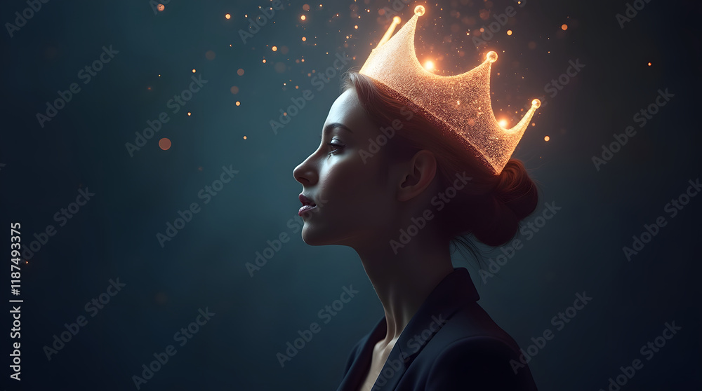 Fototapeta premium A glowing holographic crown above a woman’s head, symbolizing leadership and success in business
