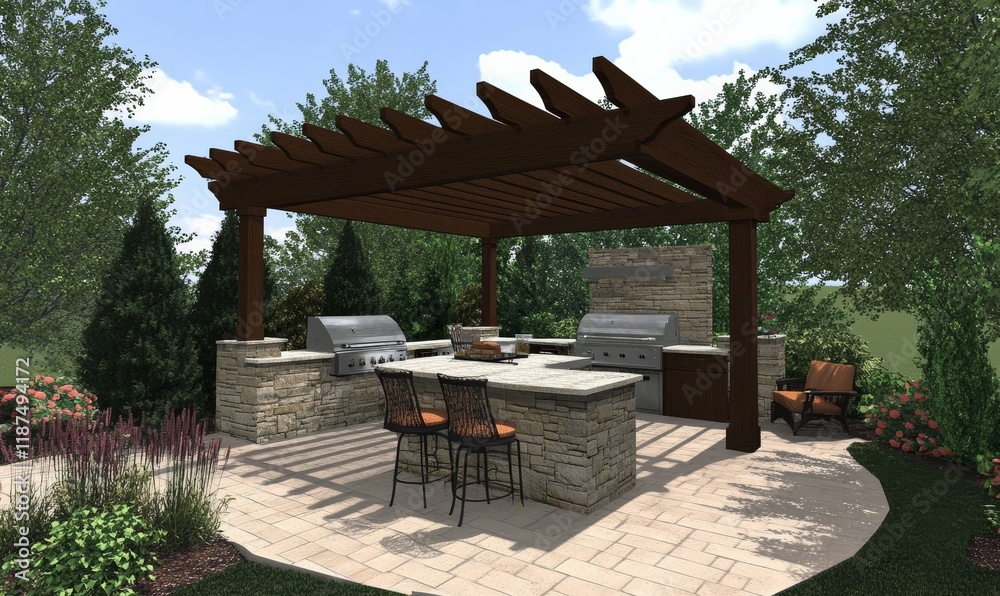Naklejka premium Elegant Outdoor Kitchen Pergola Patio Design