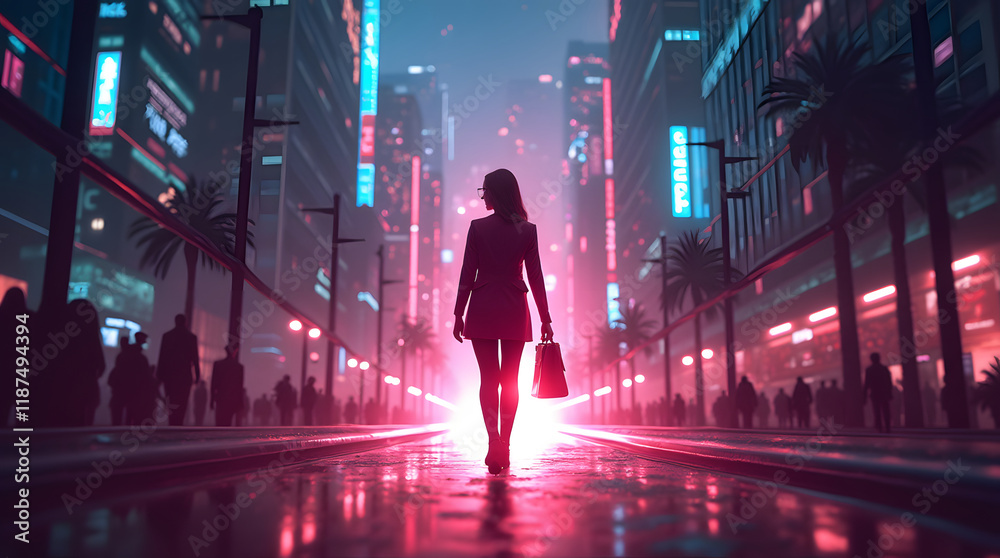 A glowing silhouette of a businesswoman walking confidently through a cyberpunk-inspired cityscape