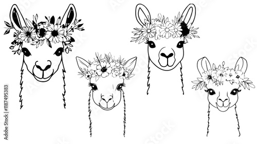 Llama animal great set collection clip art silhouette, black outline vector illustration on white background.