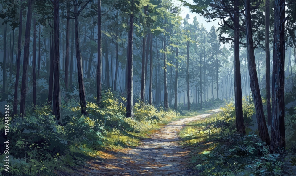 Forest path winding through the dense woodland with tall trees looming above, natural scenery, foliage, wooded landscape Forest path winding through the dense woodland with tall trees looming above, natural scenery, foliage, wooded landscape