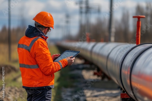 Engineer in safety gear reviews data on tablet while standing near a gas pipeline
