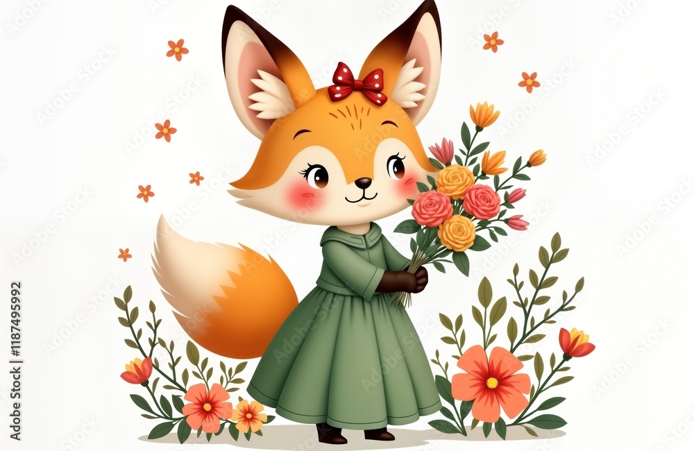 Fototapeta premium Cute fox girl holds bouquet of flowers. Adorable cartoon animal character wearing green dress. Spring springtime theme. Happy, playful. Floral design on white background. Illustration suitable for