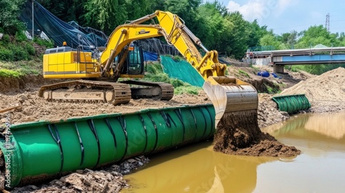 Excavator diligently dredges soil along the riverbank for waterway upkeep and maintenance