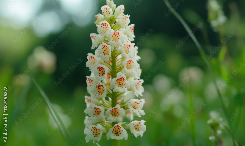 Large white cap with red spots on a tall, green stem, nature, growth Large white cap with red spots on a tall, green stem, nature, growth