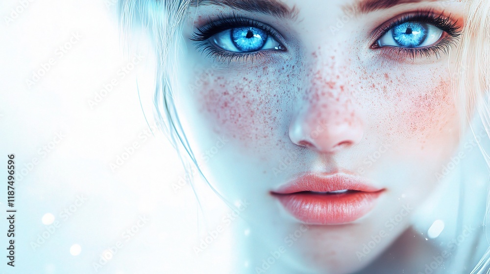 Fototapeta premium Captivating Portrait of a Beautiful Woman with Blue Eyes and Freckles