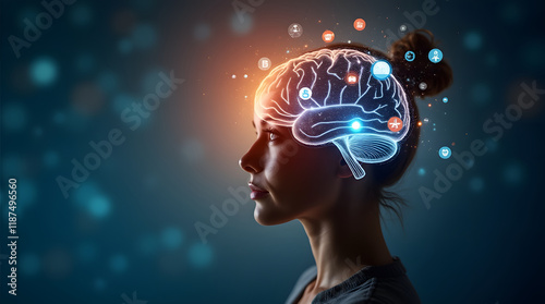 A holographic representation of a woman’s brain glowing with creative ideas, surrounded by business symbols photo