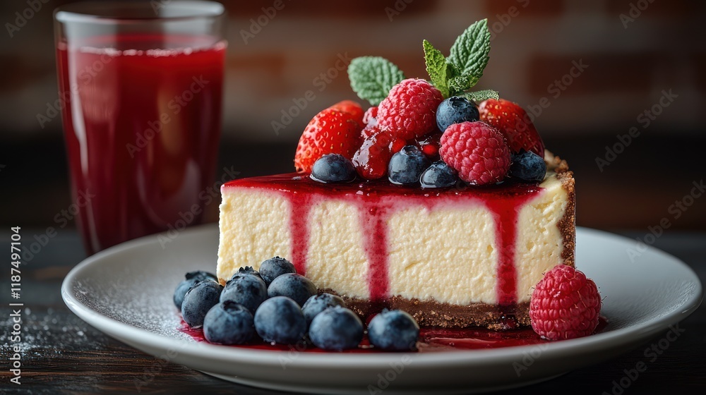 Delicious cheesecake slice with berry topping and juice. Delicious cheesecake slice with berry topping and juice.
