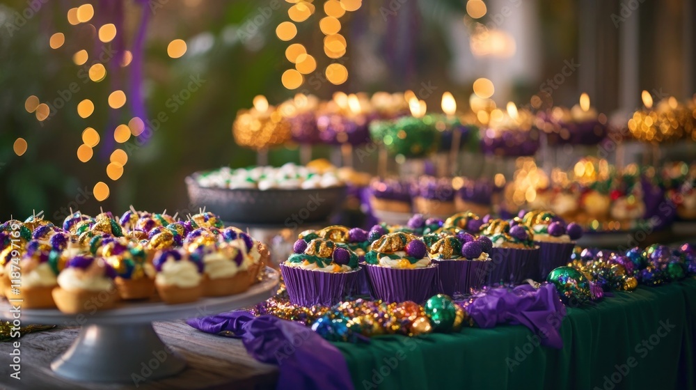 Lavish display of various desserts sweets and culinary delights arranged on a table with a festive colorful backdrop The image showcases the abundance variety Lavish display of various desserts sweets and culinary delights arranged on a table with a festive colorful backdrop The image showcases the abundance variety