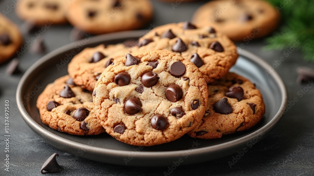 Delicious chocolate chip cookies on a dark plate. Delicious chocolate chip cookies on a dark plate.