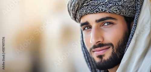 Handsome young Arab man wearing a turban and traditional attire displays confidence and pride photo