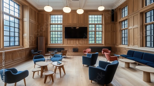 A spacious waiting room with wooden walls, stylish furniture, a mounted TV, and a mobile phone placed casually on the chair.