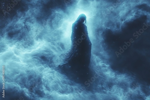 A cloaked figure stands amidst ethereal blue clouds and stars photo