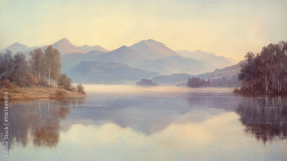 Obraz premium 湖面を覆う霧と霞む山々が織りなす静寂の風景