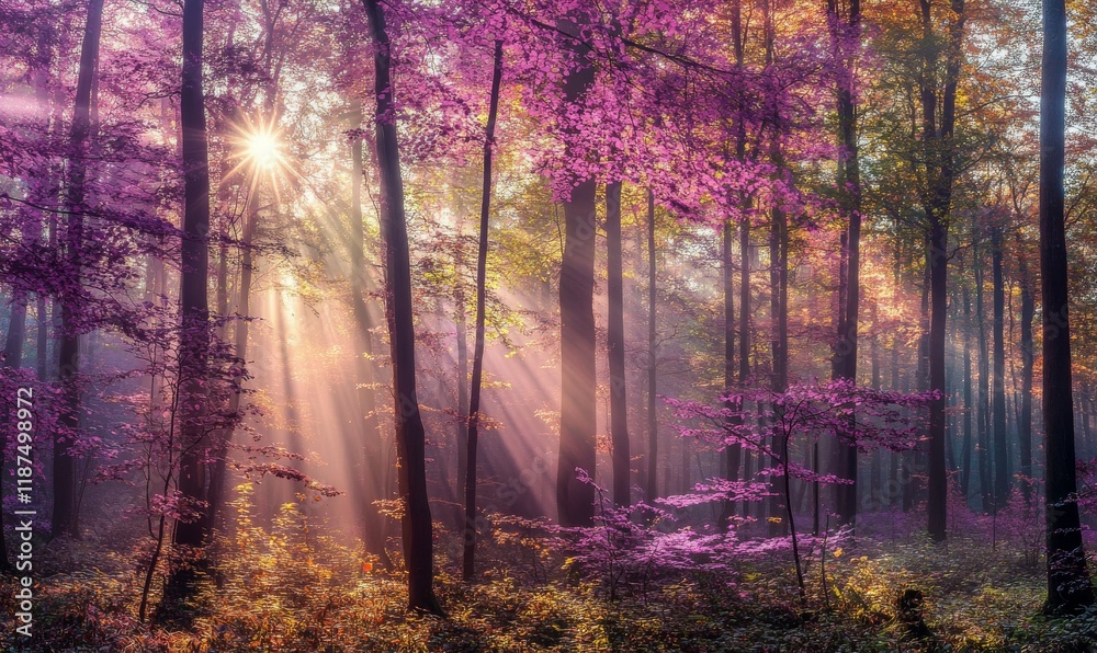 In the heart of a lush forest, warm sunlight filters through the leaves of purple and pink-tinted branches In the heart of a lush forest, warm sunlight filters through the leaves of purple and pink-tinted branches